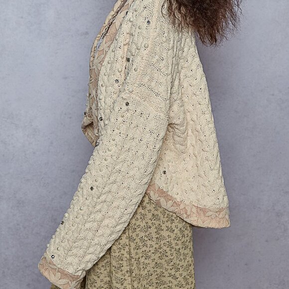 POL- Powder Cream Cozy Chenille Festive Embellished Cardigan - Picture 6 of 9